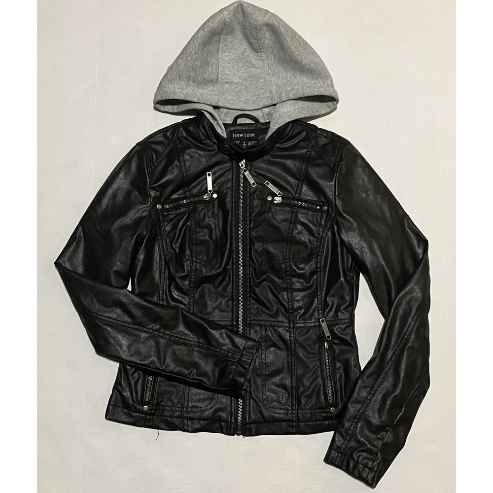 New Look Women's Black Polyurethane leather jacket Hooded Size Small Full Zip